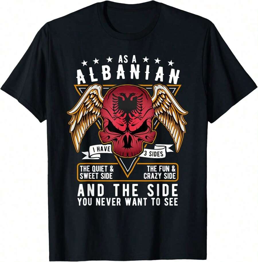 Albanian Flag Skull Heritage Pride Graphic Tees Men's T-Shirt, Soft And Breathable Short Sleeve, Perfect For Daily Wear, Outdoor Activities, Travel, And Casual Style, Comfortable All-Day Fit! - màu đen - Xem 1