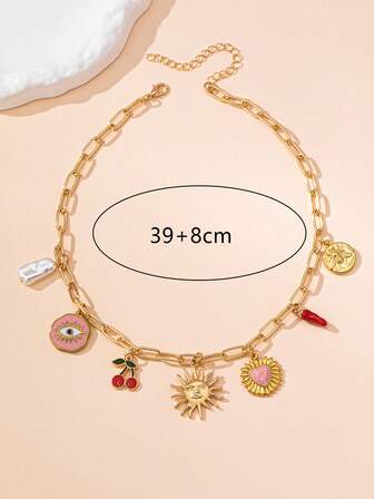 1pc Multicolor Bohemian Style Vacation Necklace With Pink Eye, Chili Pepper, Devil's Eye, Heart, Cherry Pendant & Baroque Pearl Charm, Suitable For Vacation, Date, Party, Travel, Street Style And Daily Wear