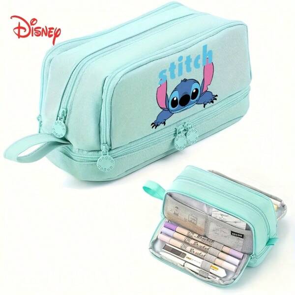 Disney Estuche de lápices de escritorio de Stitch de Disney, estuche multiusos con 4 capas y cremallera, adecuado para uso escolar y de oficina, regalo para mejores amigos, regalo de vuelta a clases