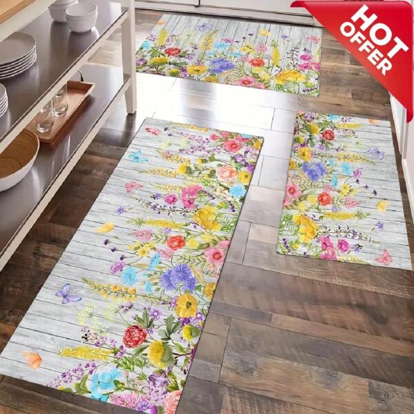 Ein Blumen-Holzmaserung gemusterter rutschfester Diatom-Schlamm Küchen-Teppich, mit einem personalisierten Blumen-Holzmaserung Design im modernen minimalistischen Stil, das verschiedene Heimdekoration perfekt ergänzt. Hergestellt aus hochdichten Materialien mit rutschfesten Partikeln auf der Unterseite, um die Reibung zu erhöhen.