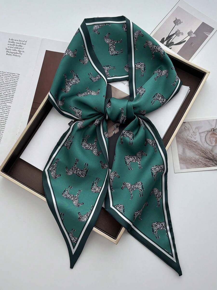 1件双面马链印花缎面围巾，可搭配女士连衣裙、短裤、腰带、包包、帽子、丝带、腰带 - 藍斑馬 - 查看 1