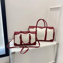 1pc Canvas Contrast Color Patchwork Fashion Duffle Bag,UnisexTravel Luggage,Suitable For Overnight Stay, Commuting,Short-Distance Travel(Small Size Fo R Commuting,Large Size For Short-Trip) Travel Essentials Holiday Vacation Luggage Suitcase Travel Bag For Women - Burgundy - View 2