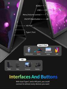 2.5K 16-Inch 60hz 2560*1600P Brightness 350cd/㎡ 100%SRGB 350nits High Refresh 16:10 Material Aluminum Built-In Speaker, Gaming/Ultra-Thin Portable Monitor Second Screen Console For PS/Laptop/Mobile Phone, No Adapter