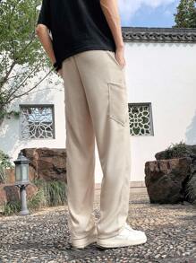 Brand Casual Pants, Multi-Pocket With Drawstring, Relaxed Straight Leg Sweatpants For Men, Lightweight For Summer