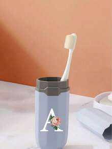 1pc Printed Rose Letter A-Z Blue Portable Toothbrush Holder, Keep Your Toothbrush Clean And Anytime, Anywhere! Travel Toothbrush Storage Box, Portable Toothbrush Cup Sleeve, Multi-Functional Toothbrush Cup, Travel Wash Cup, Toothbrush And Toiletries Storage Set, Suitable For Travel, Camping, Business Trip, School, Dorm Storage, Student Gift, Family Gift. - Blue - View 3