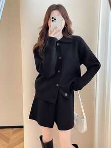 Alicedudu 女士休闲翻领开衫和短裤两件套，秋冬 - 黑色 - 查看 5