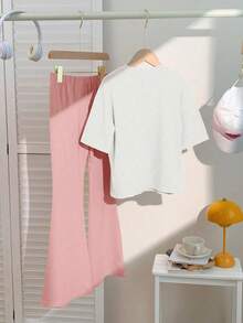 2 件套青少年女孩洛杉矶印花套装，短袖宽松喇叭裤柔软两件套，夏季街头休闲装，女孩套装