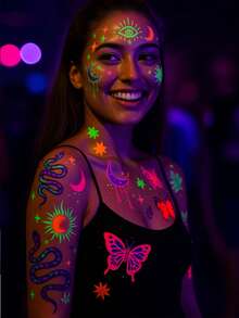8 Sheets Y2K Glam Neon Glow Temporary Tattoos, Blacklight Body Art Stickers, UV Light Glow Tattoo Stickers, Perfect For Night Parties & Halloween, Assorted Designs For Music Festival And Party Body Make - Multicolor - View 5