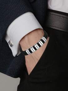 1pc Unique Leather Bracelet For Women Men Custom 1-10 Names Engraved Bracelets Customized Women Men Braided Leather Bracelets Gift For Mother Father Husband Wife Boyfriends Girlfriends Grandpa Grandma Birthdays Holidays Christmas Black Stylish, Vintage, Contracted, Simple, Unisex, Punk, Fall Fashion, Old Money Custom, Personalized - Silver - View 6