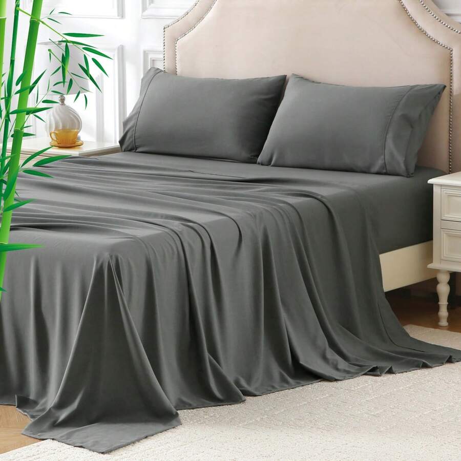 FORZZZ Hotel Bamboo Cooling Sheet Set 4 Pieces-Ultra Soft 2000TC Breathable Bed Sheets Set With 37 Centimetre Deep Pocket-Cooling Sheets For Hot Sleepers, Grey - 灰色 - 查看 1