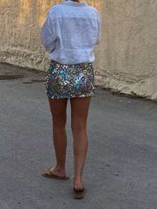 Women's Y2k Sexy Mini Skirt Fashion Colorblock Sequin Embellished Skirt Short Skirt Beach Vacation Sparkle Shine Style Glittery Bodycon Pencil Skirt Night Club Streetwear Y2k Clothes - 銀色 - 查看 4