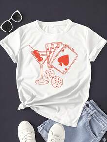 1pc Red Las Vegas Spring And Summer Women's Fashion Short Sleeved T Shirt Creative Prints Pure Cotton With A Delicate Touch Enhancing The Fashionable Wearing Experience - 白色 - 查看 1