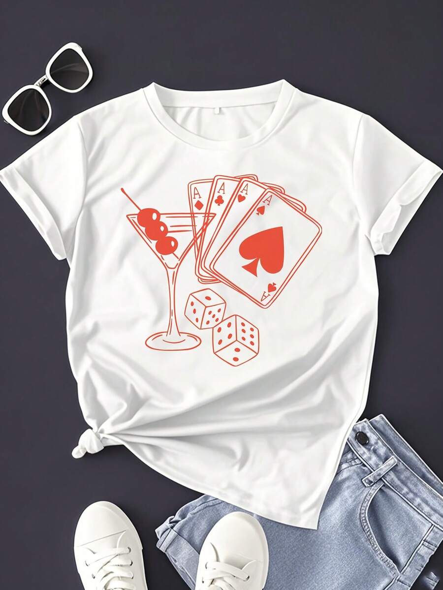 1pc Red Las Vegas Spring And Summer Women's Fashion Short Sleeved T Shirt Creative Prints Pure Cotton With A Delicate Touch Enhancing The Fashionable Wearing Experience - 白色 - 查看 1