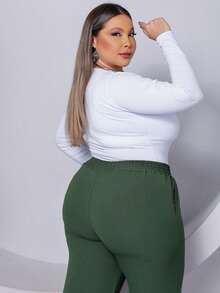 Wide Leg Plus Size Trousers - Army Green - View 9