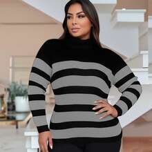 Plus Size Cold Knit Cacharrel Blouse With Thick Stripes And High Neck For Women - Black and Graphite - View 3