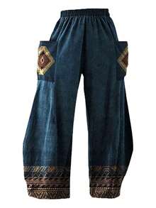 大码女式休闲复古印花裤，带口袋 - 图案，宽松版型，秋冬时尚，涤纶混纺，可机洗，可爱裤子 - 彩色 - 查看 2