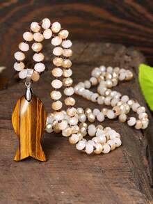 天然虎眼石鱼形吊坠长项链，手工打结水晶串珠波西米亚风格链条，秋冬 - 多色 - 查看 2