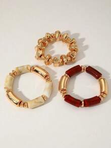 3pcs Vintage Multi-Layer Brown Acrylic Beaded Bracelet, Transformable Gold Chip Bracelet, For Women, Couples, Party, Daily Wear - A型 - 查看 6