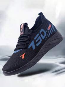 1 双男士运动鞋、透气休闲鞋、竞赛鞋、时尚休闲跑鞋（鞋面/鞋跟/侧带上有随机/不对称图案） - 黑色 - 查看 1