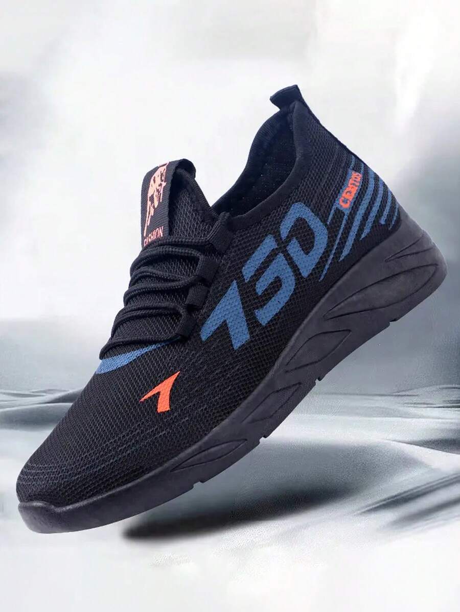 1 双男士运动鞋、透气休闲鞋、竞赛鞋、时尚休闲跑鞋（鞋面/鞋跟/侧带上有随机/不对称图案） - 黑色 - 查看 1