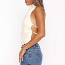 Womenacute;S Halter Neck Satin Sleeveless Backless Solid Color Slim Fit Summer Tank Tops - White - View 4