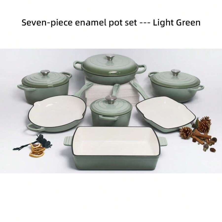 [Multi-Color] Seven-Piece Enamel Pot Set. Stew Pot + Seafood Pot + Frying Pan + Baking Pan + Mommy Pot + Milk Pot + Steak Plate.