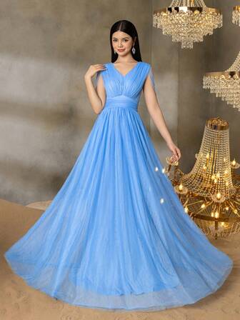 Alisa&Leo Teen Girls' Tulle Evening Gown With Delicate Chain Details & Beaded Shoulder Embellishments, Sheer Tulle Skirt & Back Zipper Closure For Graduation Proms, Wedding Guest Outfits, Formal Parties & Beauty Pageants