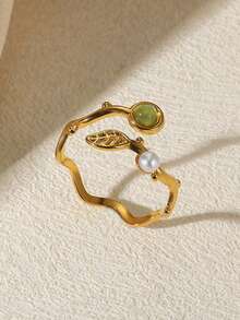 18K Gold Plated Stainless Steel Wave Leaf Zirconia Ring With Faux Pearl Decor, Fashion Green Jewelry For Women, Wedding, Holiday, Christmas Birthday Gift - Multicolor - View 13