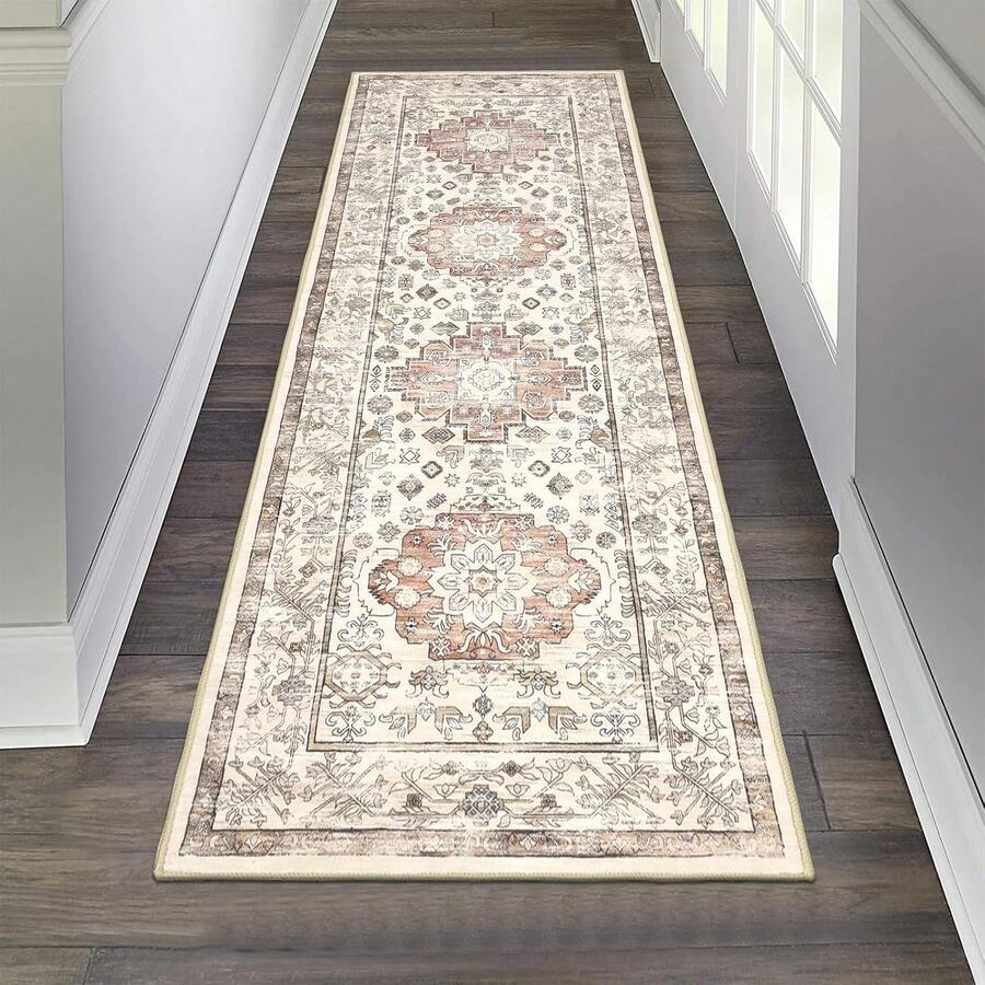 Boho Washable Area Rug Large Soft Living Room Bedroom Floor Carpet Mat Indoor Farmhouse Vintage Non Slip Accent Throw Rugs For Entryway Kitchen Dorm Dining Room - Màu nâu - Xem 1