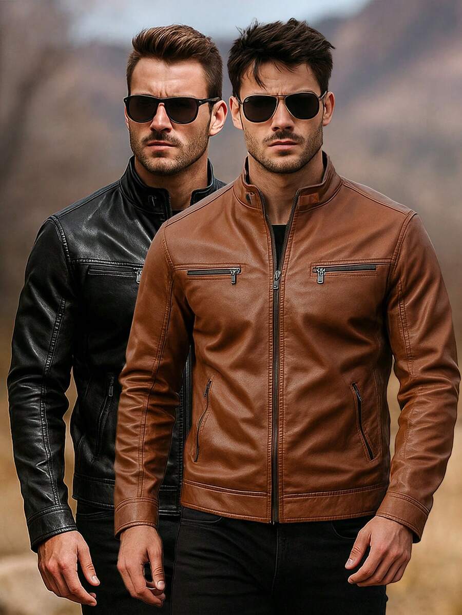 1pc Khaki Men Outdoor Motorcycle Chest Zipper Stand Collar PU Leather Jacket, Spring/Summer Biker Leather Coat,Fleece - Yellow - View 1