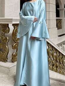 2pcs Middle Eastern Muslim Women's Cardigan Set, Butterfly Embroidery, Rhinestone Waist Belt, Satin Formal Robe