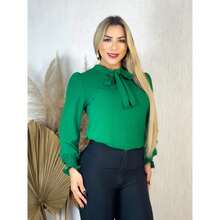 Women's Long Sleeve Formal Blouse With Bow Collar, Duna Lisa Fabric, Elastex And Sleeve - 綠旗 - 查看 1