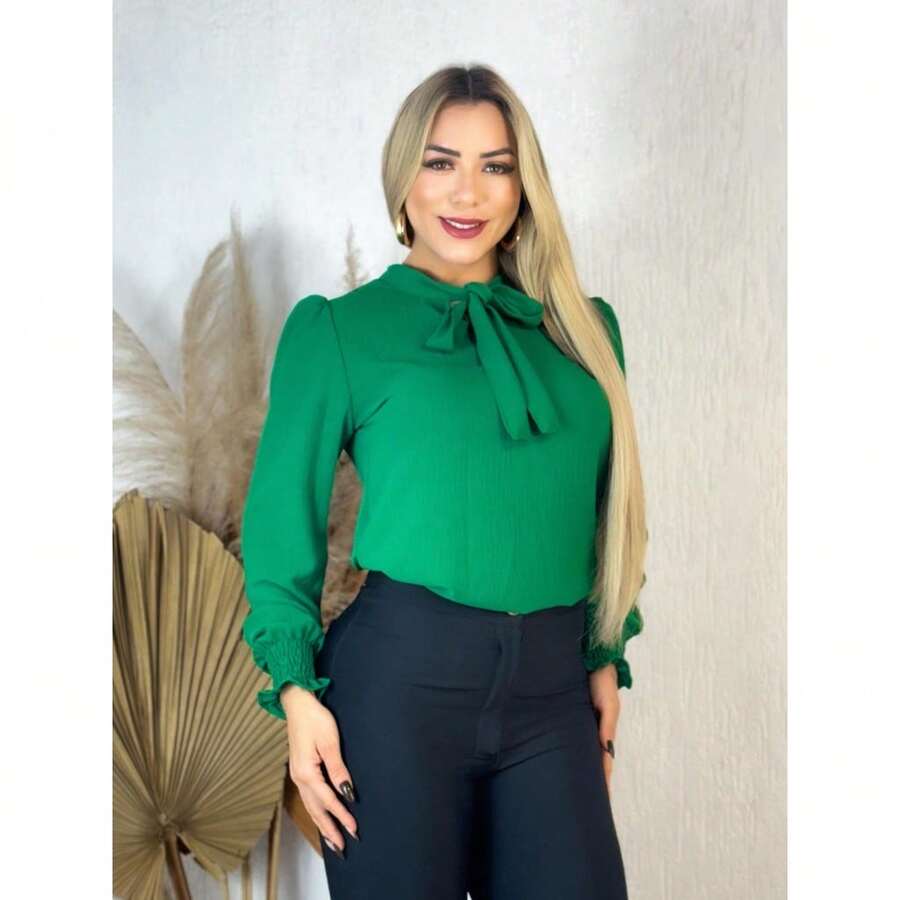 Women's Long Sleeve Formal Blouse With Bow Collar, Duna Lisa Fabric, Elastex And Sleeve - 綠旗 - 查看 1