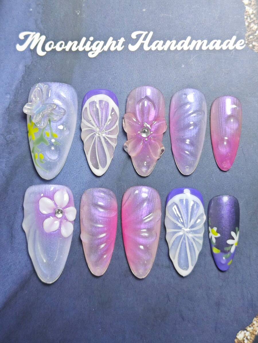 10pcs Handmade Medium-Sized Almond Nail Tips, Featuring Purple Gradient, Butterfly Nail Drill, 3D Relief Three-Dimensional Stripes, And 3D Floral Relief Nail Art Decoration. Suitable For Women To Wear At Parties, Dances, And In Daily Life. - 淡紫色 - 查看 1