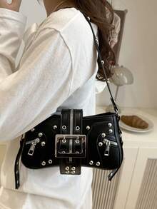 Fashion Rivet Women's Shoulder Bag, Underarm Bag, Crescent Bag, Belt Clip Motorcycle Bag - Black - View 5