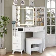 FUSOU Modern Corner Vanity Desk With Mirror & Lights, Glass Top Makeup Vanity With Bluetooth Speaker, 8 Drawers, 6 Shelves, 3-Color Lighting, Dressing Table With Chair, White - 查看 4