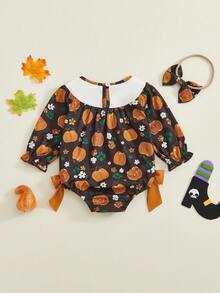 Newborn Girl Outfit, Long Sleeve Crew Neck Pumpkin Flowers Print Romper With Hairband Halloween Clothes - Black - View 5