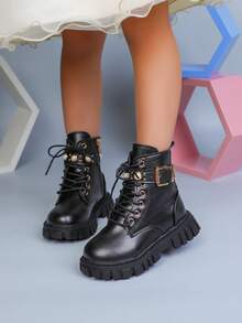 1双儿童靴，新款女童靴，黑色踝靴，男童英伦风靴，秋季款 - 黑色 - 查看 3