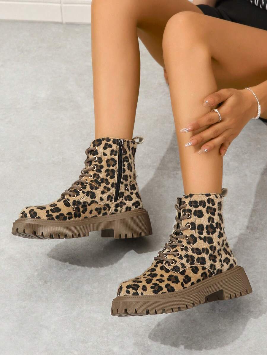 Women's Flat Non-Slip Lace-Up Fashionable Leopard Print Ankle Boots, Autumn/Winter