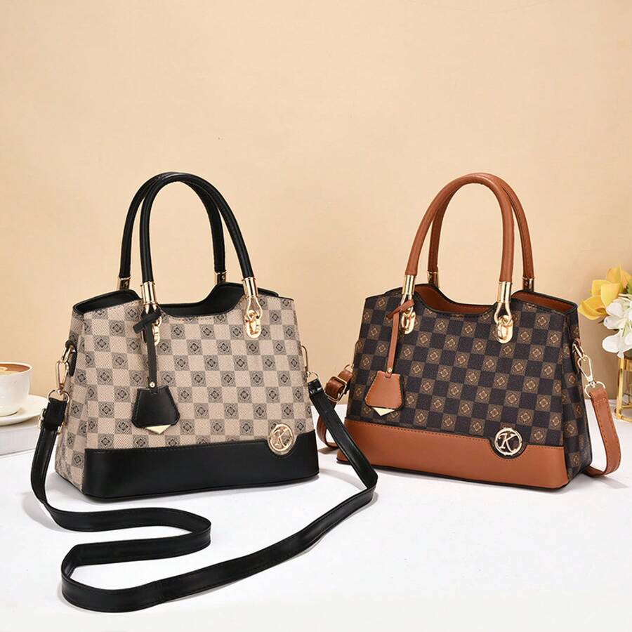 Women Top Handle Bags - 咖啡配土黃 - 查看 1