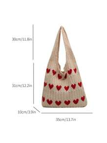 Women's Minimalist Large Capacity Heart Decor Knitting Weaving Shopping Bag, Casual Handbag And Travel Tote Bag