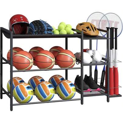 Sports Equipment Storage Rack, 3-Tier Ball Storage Rack With Baseball Bat Holder, Indoor And Outdoor Basketball Rack Suitable Volleyball, Soccer, Garage Storage Rack With Shelves, Black BEHR17301
