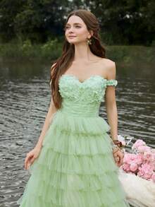 Faeriesty Luxe ​Women's Elegant Off-Shoulder Formal Evening Gown - Back Tie Waist Detail, Multi-Layered Tulle A-Line Skirt. Perfect For Black-Tie Events, Gala Dinners, Luxury Wedding Receptions, Charity Balls, Award Ceremonies.​​ - Green - View 1