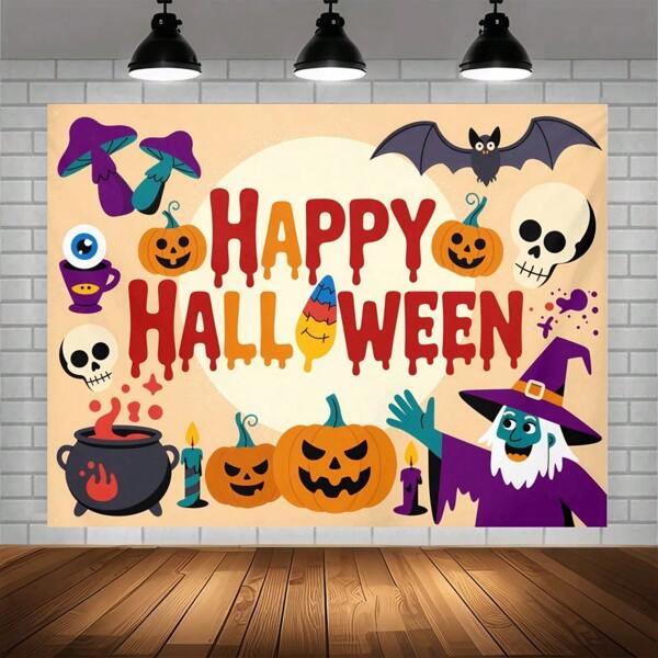 1 pieza Pancarta de fiesta de Halloween en 2D - Diseño de murciélagos, calabazas, calaveras y brujas, esquema de colores vibrante naranja/negro/morado, tema de terror para fotografía interior/exterior, decoración de pared fácil de colgar, adecuado para fiesta de Halloween, sala de estar, jardín, decoración del hogar festiva, impresión de alta calidad, fondo de foto festiva, esencial para compras navideñas
