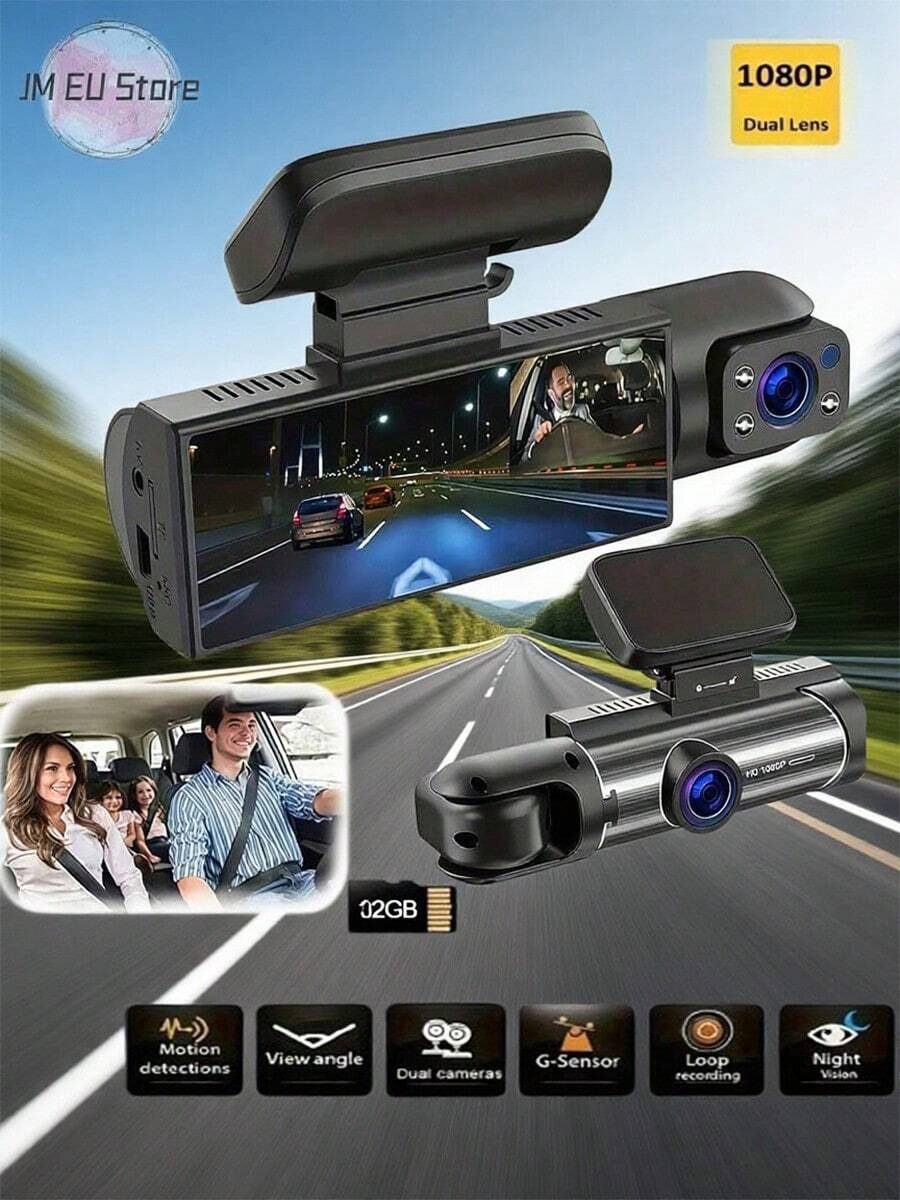 LIPETY Dashcam Front And Interior, 1080P Dual Camera Dashcam For Cars, Tachograph With IR Night Vision, Loop Recording, Wide-Angle Lens - 3.16-Inch IPS Screen, Parking Mode, Car Camera With 32GB TF Card