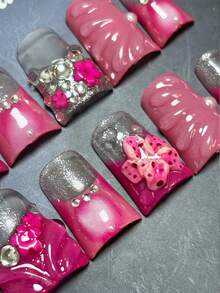 10pcs Handmade Y2K Style Short Duckbill Nails With Pink Gradient French Tips, 3D Rhinestones, And 3D Floral Embossed Nail Art Decorations - Perfect For Parties, Balls, And Casual Attire - 珊瑚粉 - 查看 4