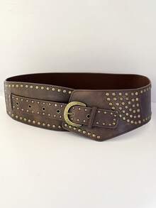 Hershine Nowy pasek w stylu retro western cowboy w stylu boho z 2025 roku. Pasek w stylu punk, w kolorze antycznego brązu, z owalną, ażurową klamrą w kształcie kwiatu, ze skóry PU, z metalową klamrą w kształcie głowy byka i ozdobnymi dodatkami.