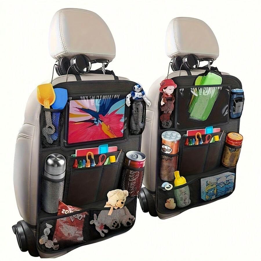 This 2-Piece Car Rear Seat Storage Bag Set Features A Flat Stand, 9 Storage Pockets, A USB/ Headphone Jack, And A Backrest Protector. With A Multi-Functional Design, It Enhances The Storage And Convenience Inside The Car - 黑色 - 查看 1