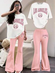 2 件套青少年女孩洛杉矶印花套装，短袖宽松喇叭裤柔软两件套，夏季街头休闲装，女孩套装