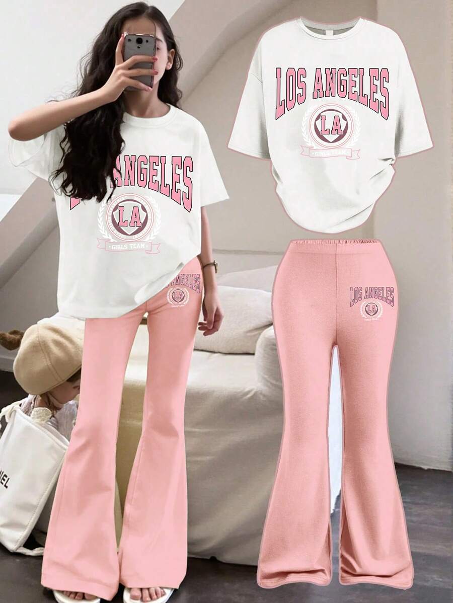 2 件套青少年女孩洛杉矶印花套装，短袖宽松喇叭裤柔软两件套，夏季街头休闲装，女孩套装